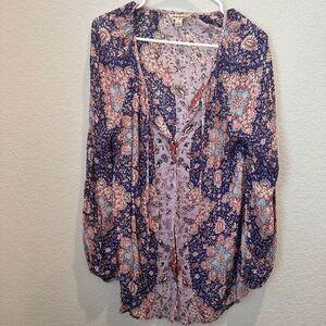 Lucky Brand Pink Blue Floral Boho Button Front Split Neck Tunic Top - Size L EUC